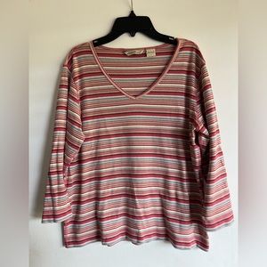 Eddie Bauer pink striped long-sleeve v-neck T-shirt, size Large.